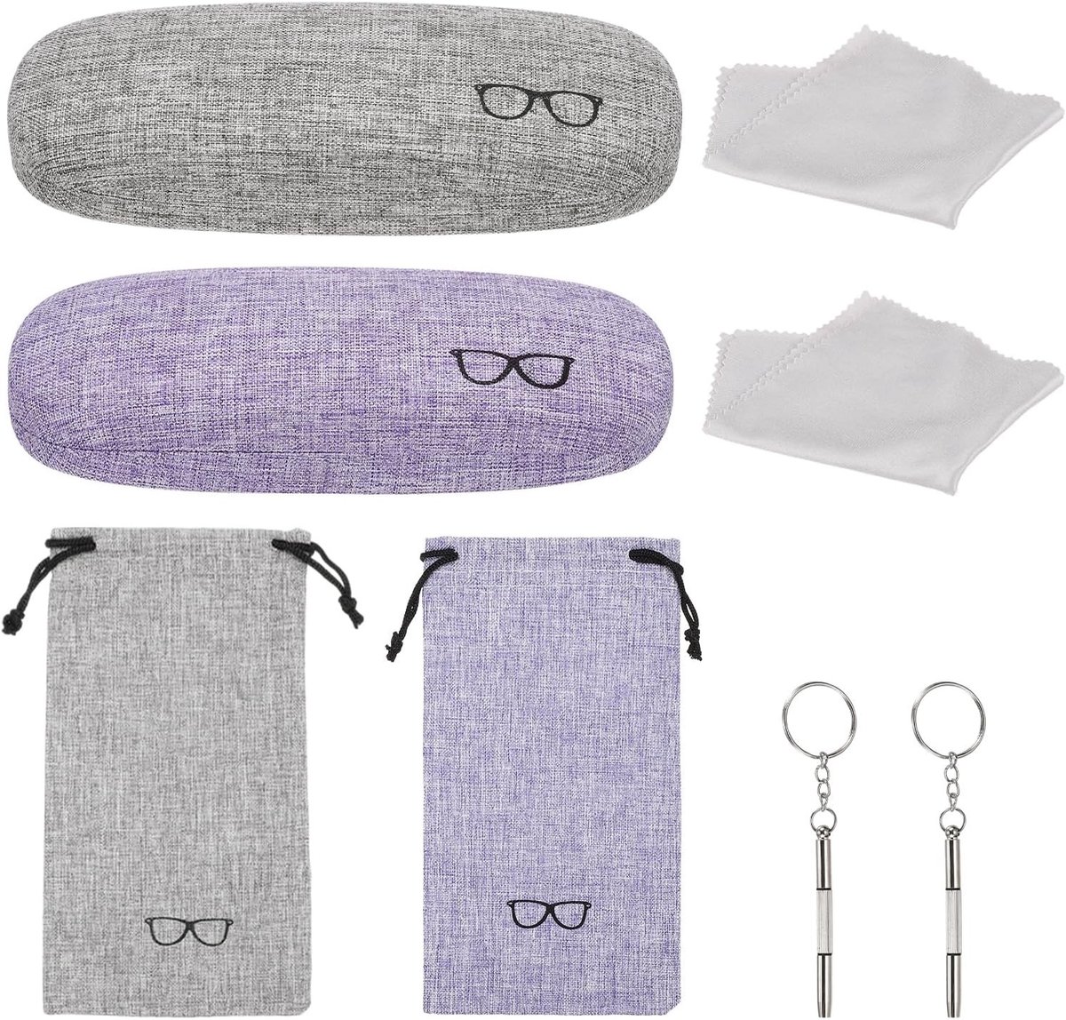 Harde Schil Brillenkoker Set met Linnen Stof en Opbergtas - Zonnebril Organizer voor Vrouwen en Mannen in Grijs en Paars met Zachte Doek
