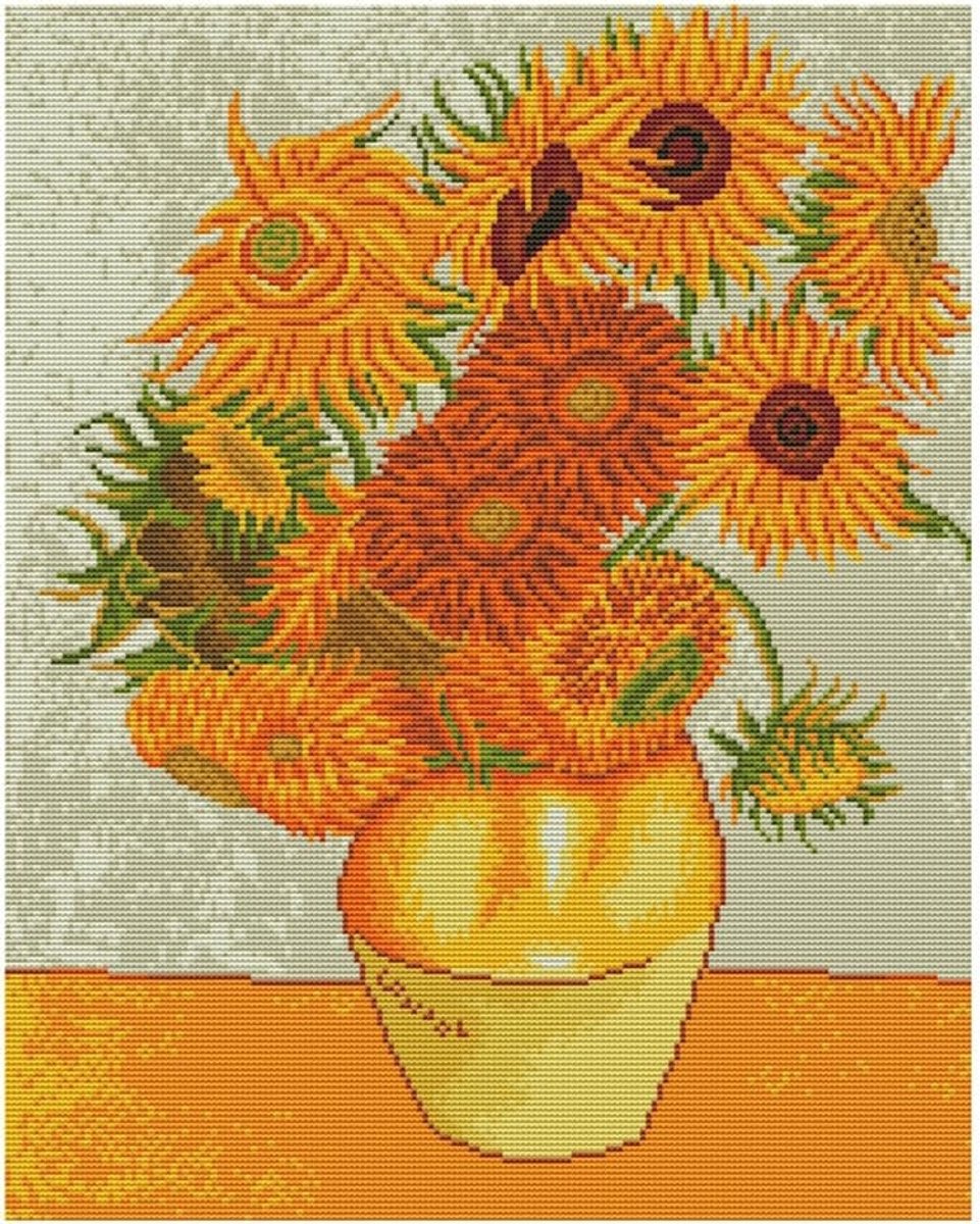 Cross Stitch Kits 11 Count Stamped, Van Gogh Zonnebloem Borduurset met Accessoires en Voorbedrukt Ontwerp (48cmx58cm)