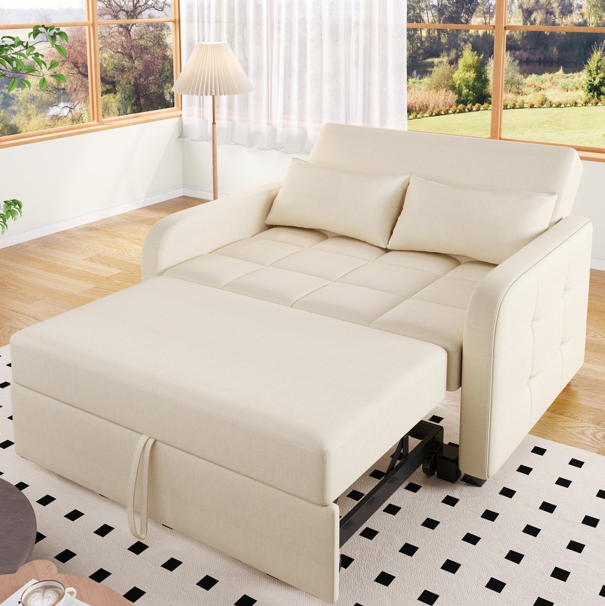 HAUSS SPOLE Slaapbank - Verstelbare Rugleuning - Opklapbare Bedbank Met 2 Kussens - Voor Kleine Woonruimtes En Logeerkamer - Linnen Beige