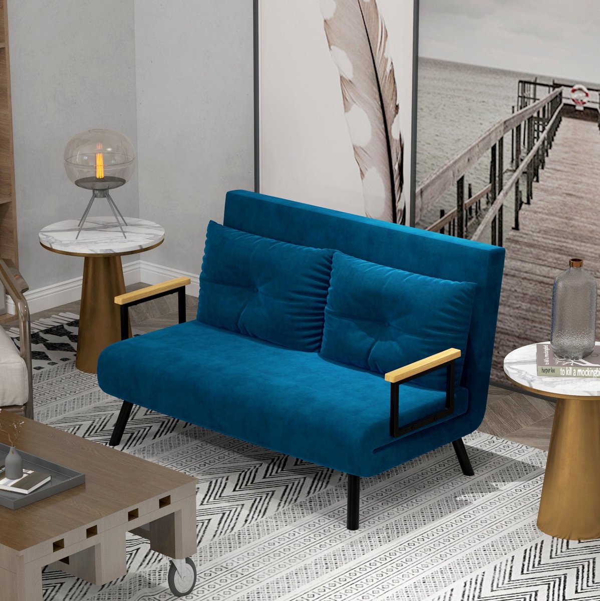 FloraGrace Relaxfauteuil - Verstelbare Rugleuning Tot 180 Graden - Met Bedfunctie Voor Gastenkamer En Kleine Ruimtes - Velvet - Blauw