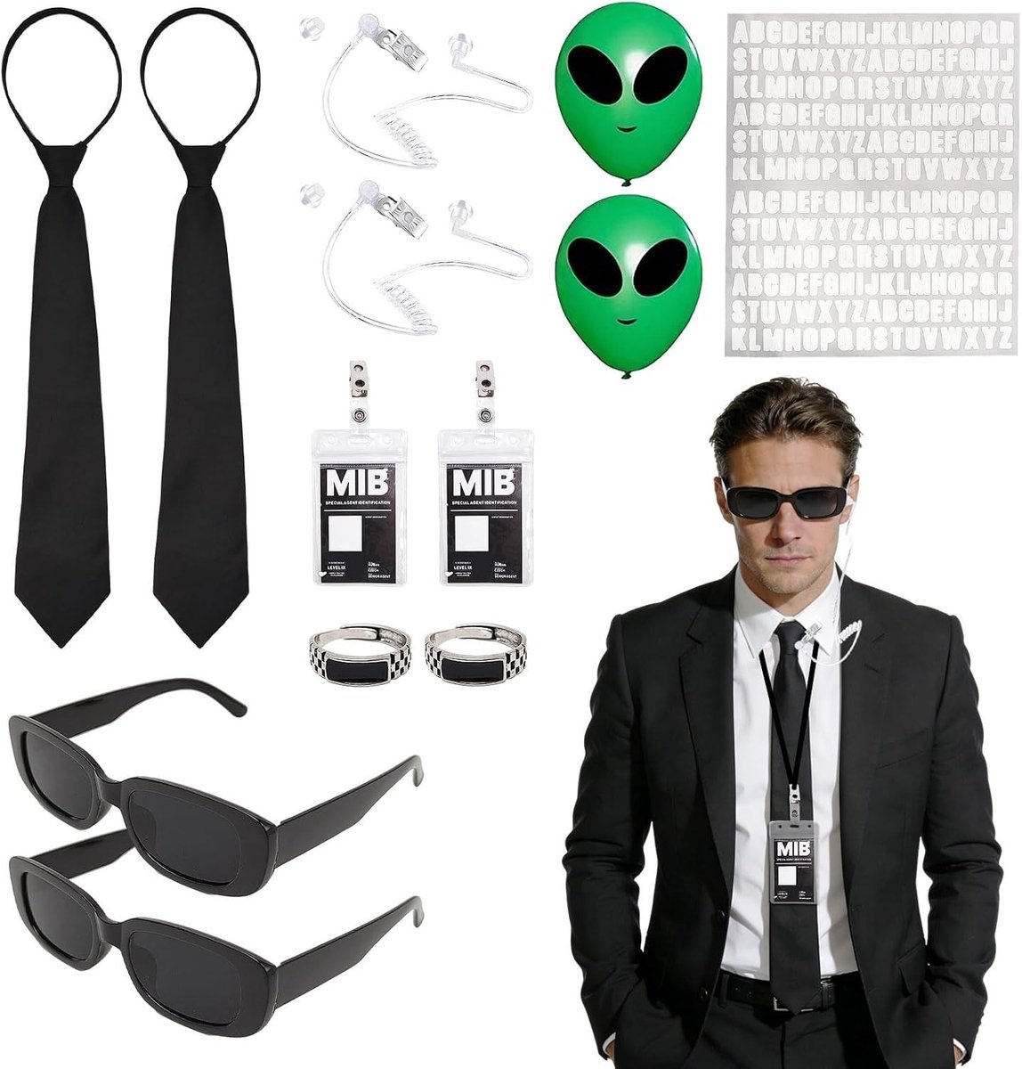 Volledige 15-delige set voor volwassenen met accessoires voor cosplay, spionage en verkleedpartijen, inclusief zonnebril, stropdasring, nepgate en ID-kaart voor een onvergetelijke ervaring