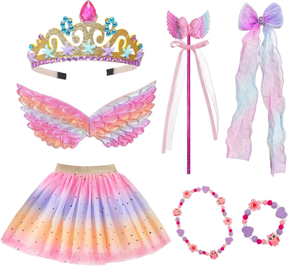 Betoverend 7-delig feeën kostuum voor meisjes met vlinder vleugels, kroon, rok, toverstaf, armband en haarclip voor feestjes en rollenspellen