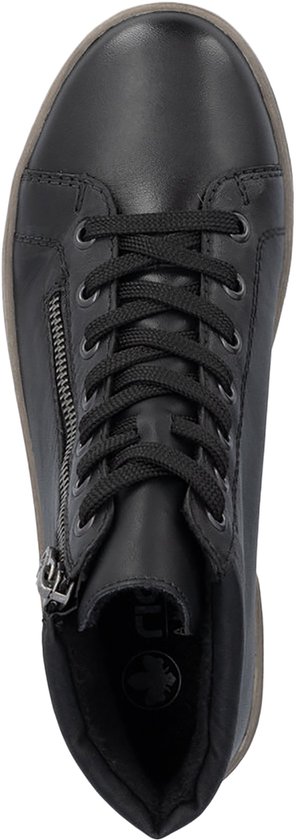 Zwarte leren hoge sneaker met rits en vetersluiting, grijze zool, bovenkant.