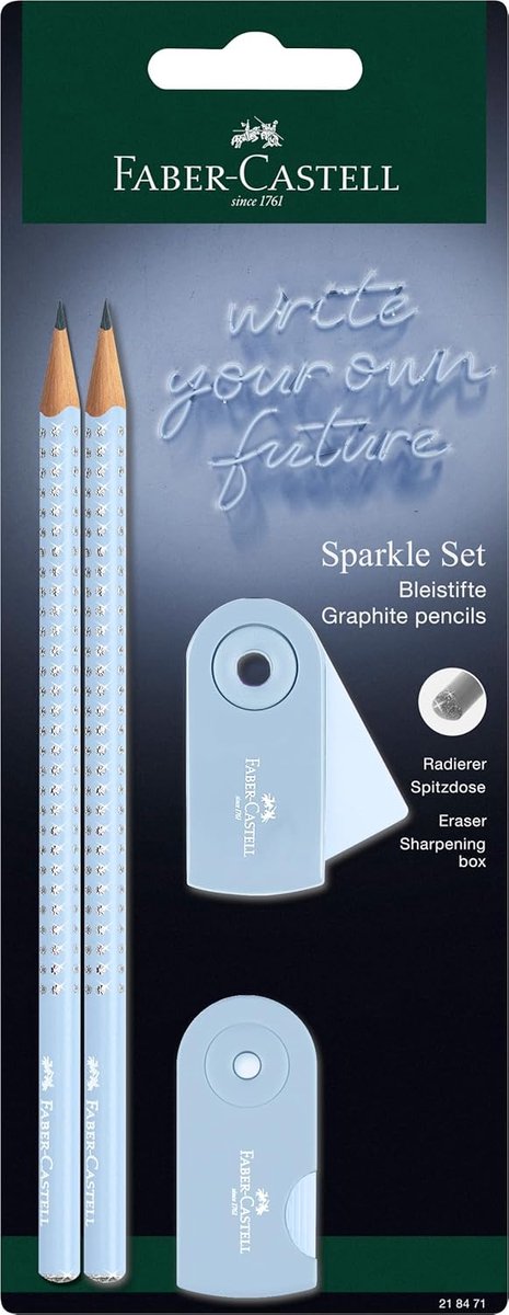 Thijox - Potloden Set Sparkle - 2 Ergonomische Grip 2001 Potloden, Puntenslijper, Gum, Hemelsblauw, Creatief Schrijven, Cadeauset voor Kinderen, Schoo