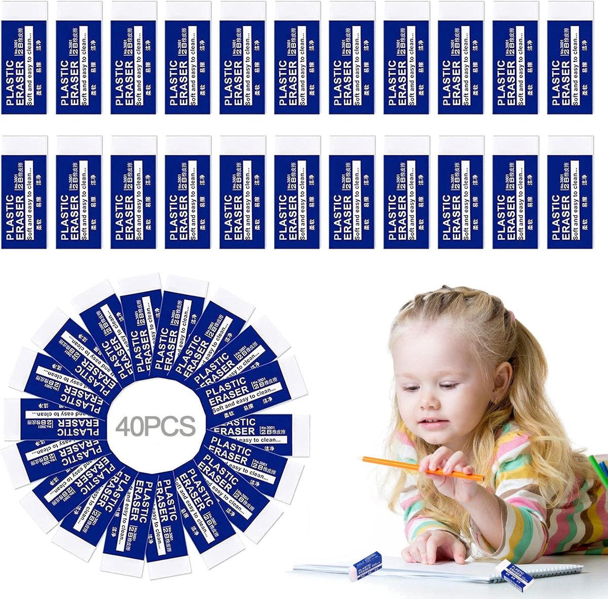 SnelShoppen - Soft Plastic Gum, Witte Rubber Gummen, Zachte 2B Potloodgummen voor Kinderen en Volwassenen, 40 Stuks voor School, Schetsen, Schilderen,