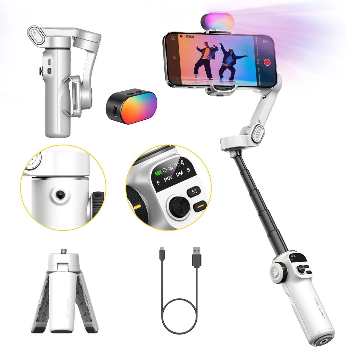Thijox - Gimbal Stabilizer voor iPhone met RGB Magnetisch Vullicht, Opvouwbare Gimbal met 7.8' Verlengstang & OLED-Scherm voor Vloggen en Filmmaken -