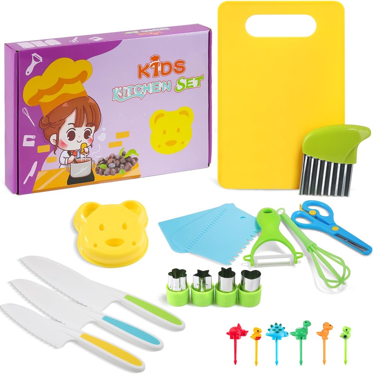 Inovra- Kindermessenset 23-delig - Veiligheidsmes - Keukenmes - Snijplank - Dunschiller - Geschikt voor kinderen vanaf 3 jaar - Kinderkeukenaccessoires