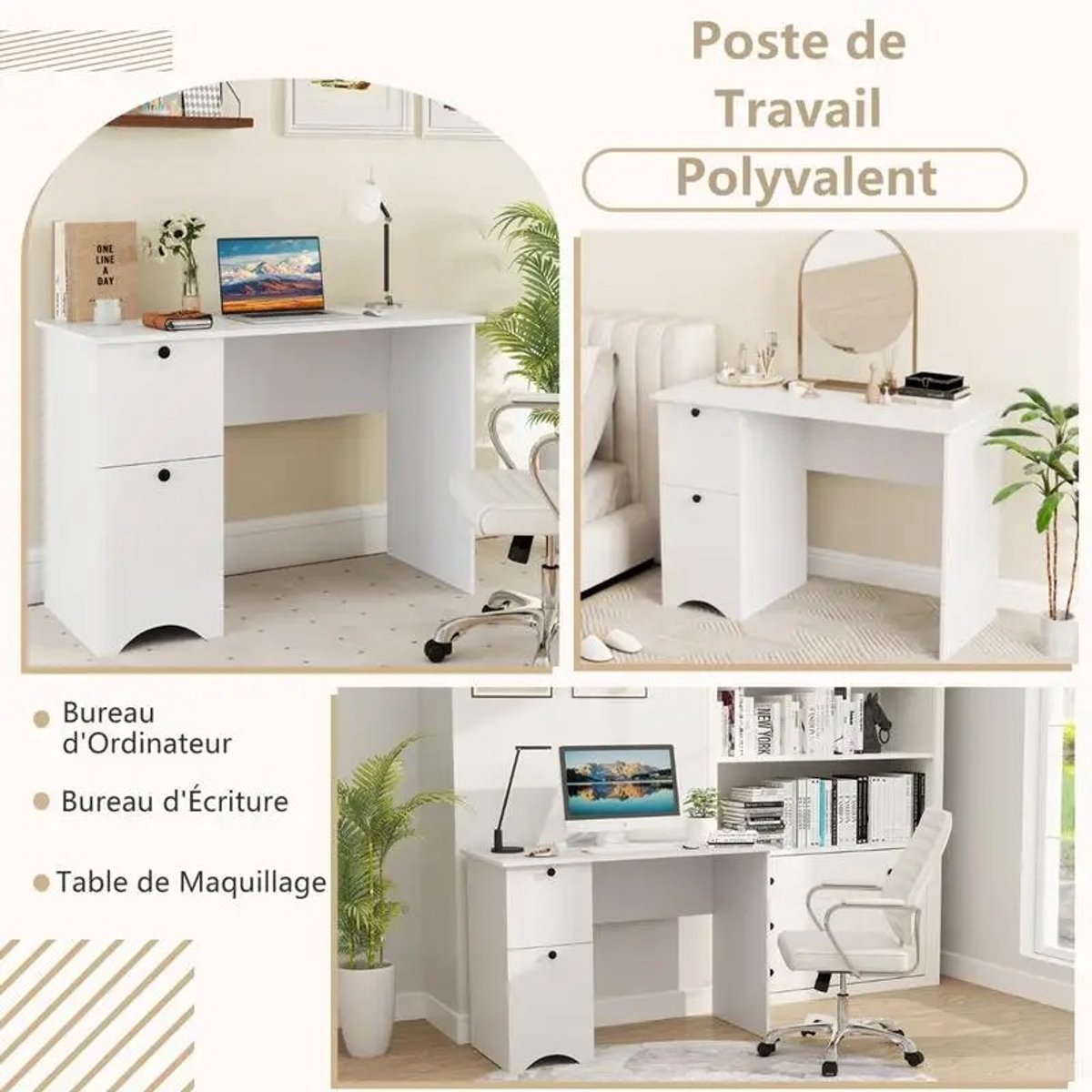 Inovra - Dailygoods Computerbureau met 2 laden Compact laptopbureau Multifunctioneel werkstation Wit