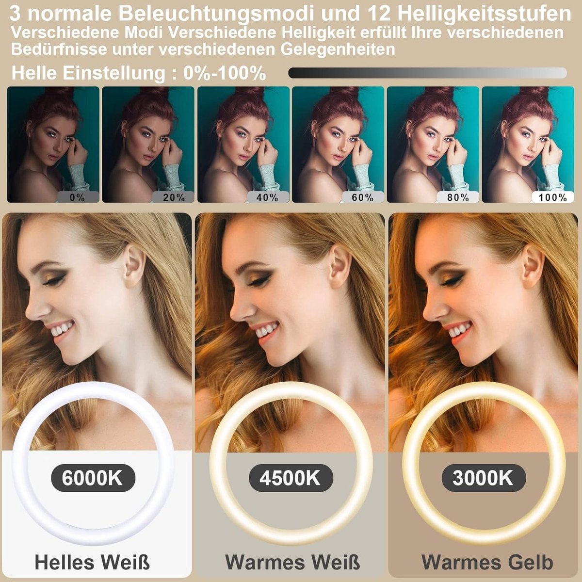 Thijox - 13 Inch Ringlamp met Statief, 2 Telefoonhouders, Tabletclip, 3000-6000K, 10 Helderheidsniveaus, RGB Lichtmodi voor Selfies, TikTok, YouTube e