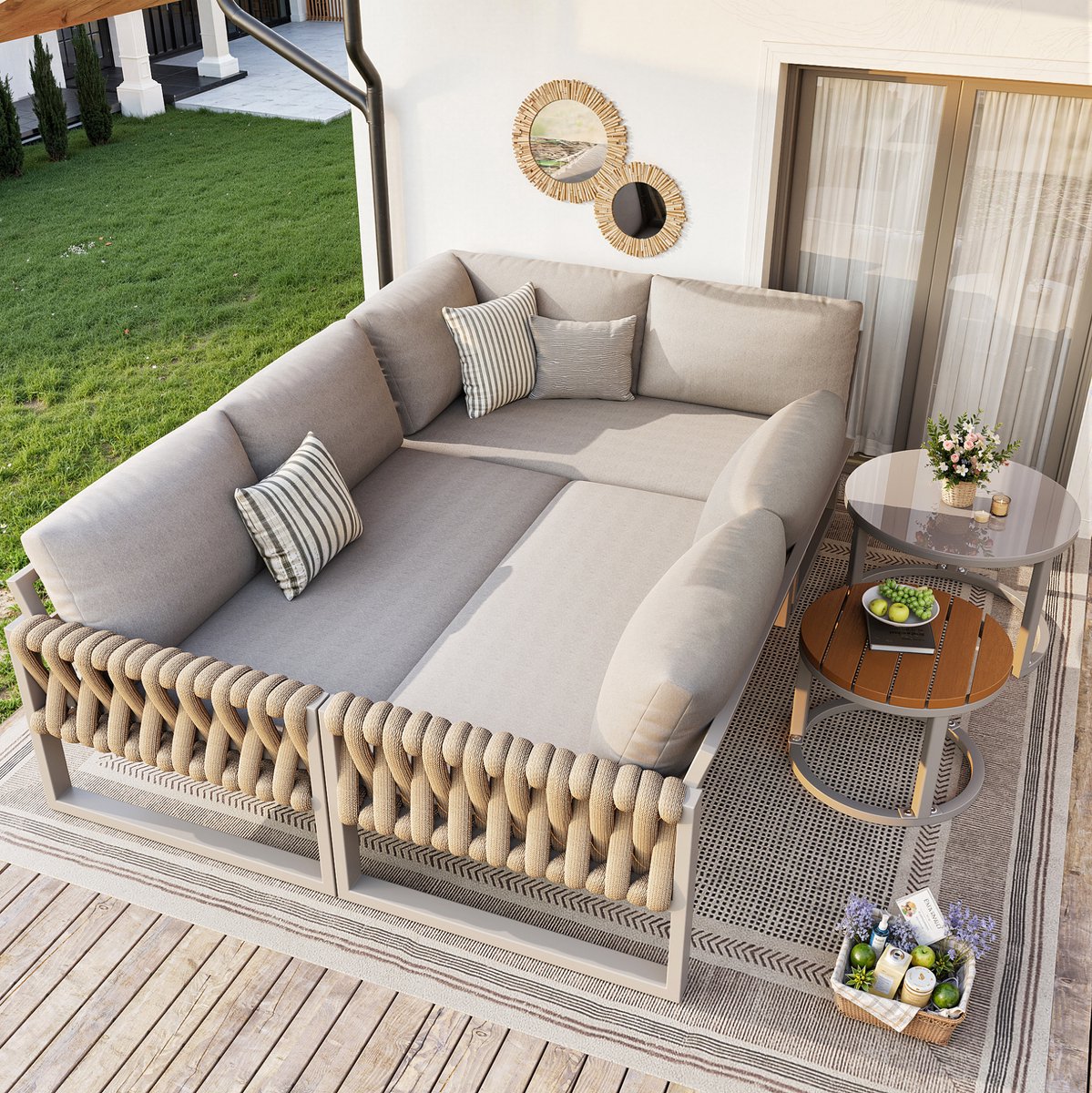 DESMIU Hoek Loungeset 123 x 68 x 86 cm - Modulair Met Waterafstotende Afneembare Kussens En 2 Tafels - Voor Balkon Tuin En Terras - Metaal En Olefin - Beige