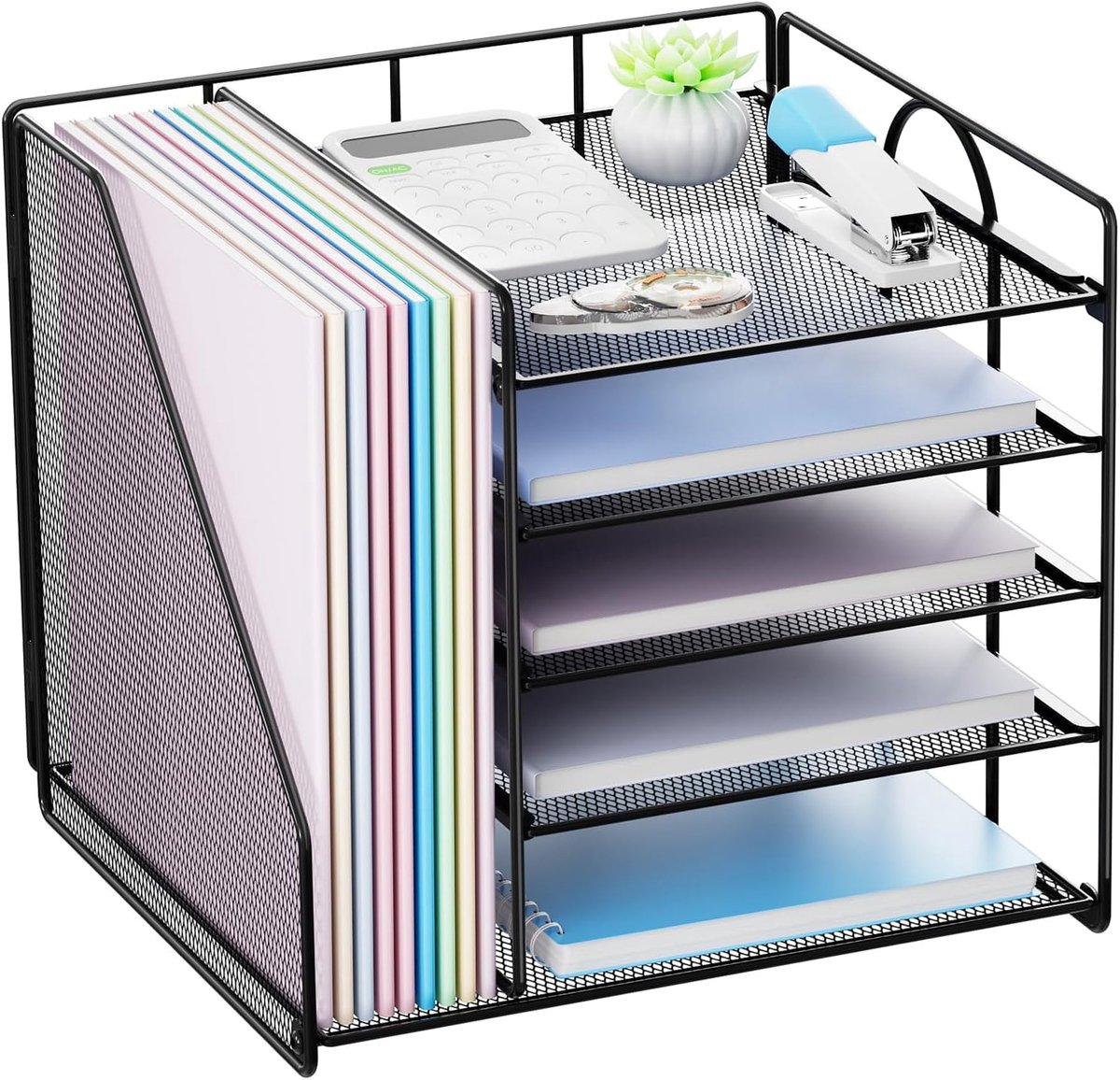 Thijox - Bureau-organizer met dossierhouder, 5-laagse brievenbus organizer, zwart gaas desktop organizer voor thuiskantoor, opbergaccessoires en kanto
