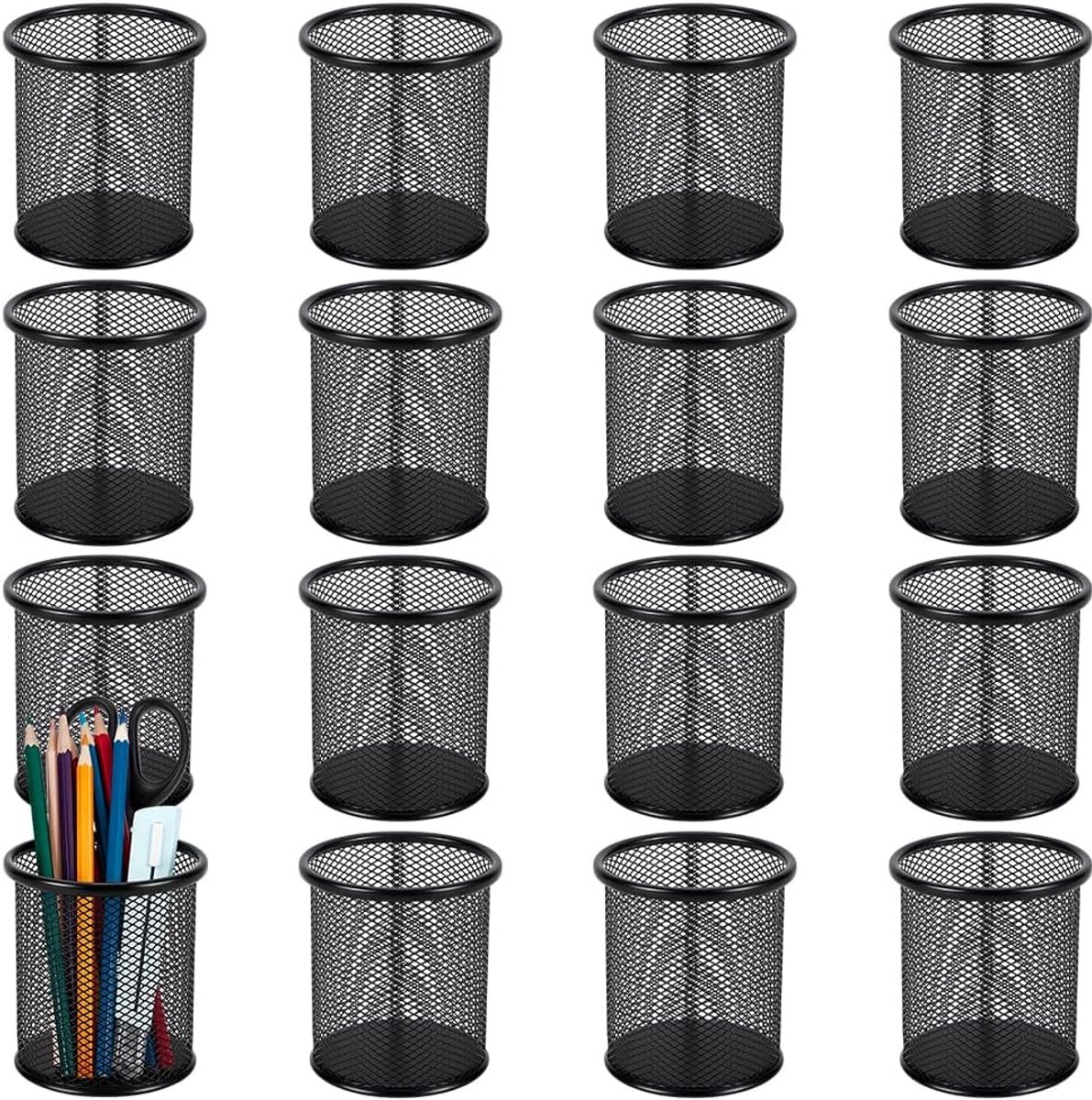 SnelShoppen - Set van 16 Mesh Penhouders voor Bureau, Metalen Organizer voor Potloden en Kantoorbenodigdheden, Ideaal voor School en Thuisgebruik