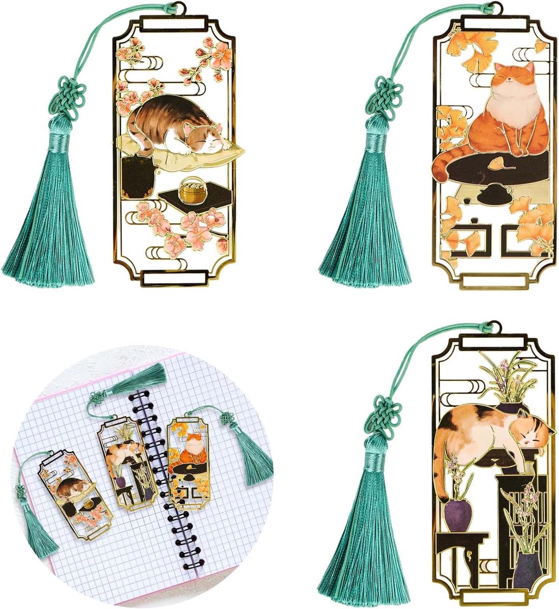 Thijox - Leuke metalen boekenlegger voor meisjes, vintage kattenbladwijzer met kwastjes, gepersonaliseerde schattige bladwijzers, 3 stuks, 9x4,2 cm, n