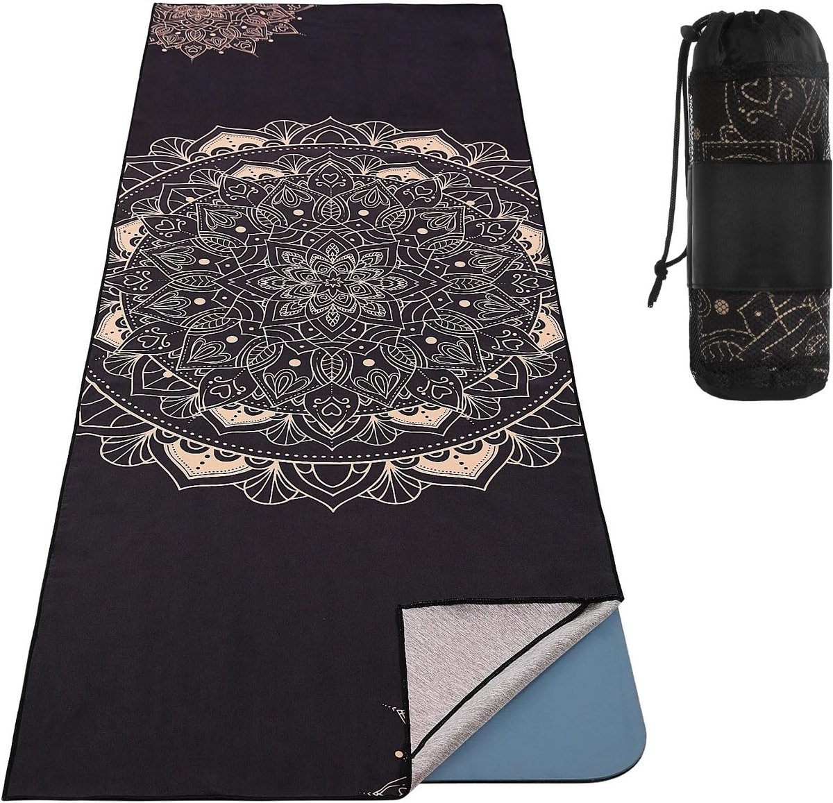 Yoga Handdoek Antislip - Sneldrogend Yoga Mat met Hoekzak voor Bikram, Pilates en Fitness, Zwart en Goud Design
