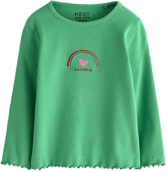 Groen geribbeld T-shirt met lange mouwen, geborduurde regenboog en hart. Merk: NEXT.