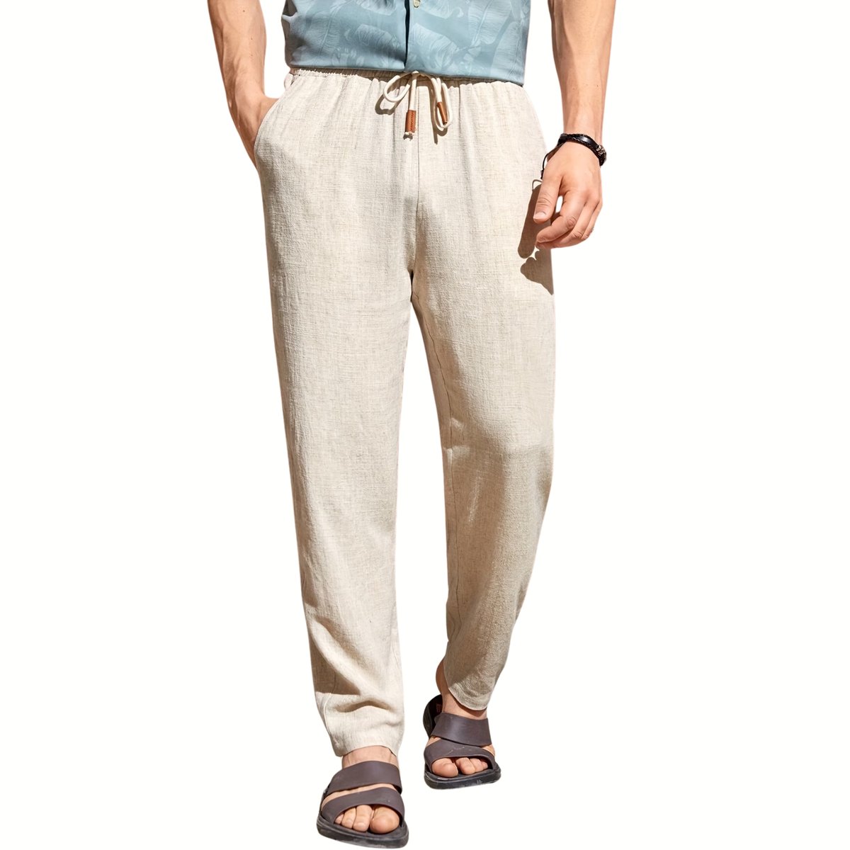 Currero Linnen Broek Heren Zomerbroek Volwassenen Lange Broek Pantalon Strandbroek Zomer Ibiza Stijl Beige