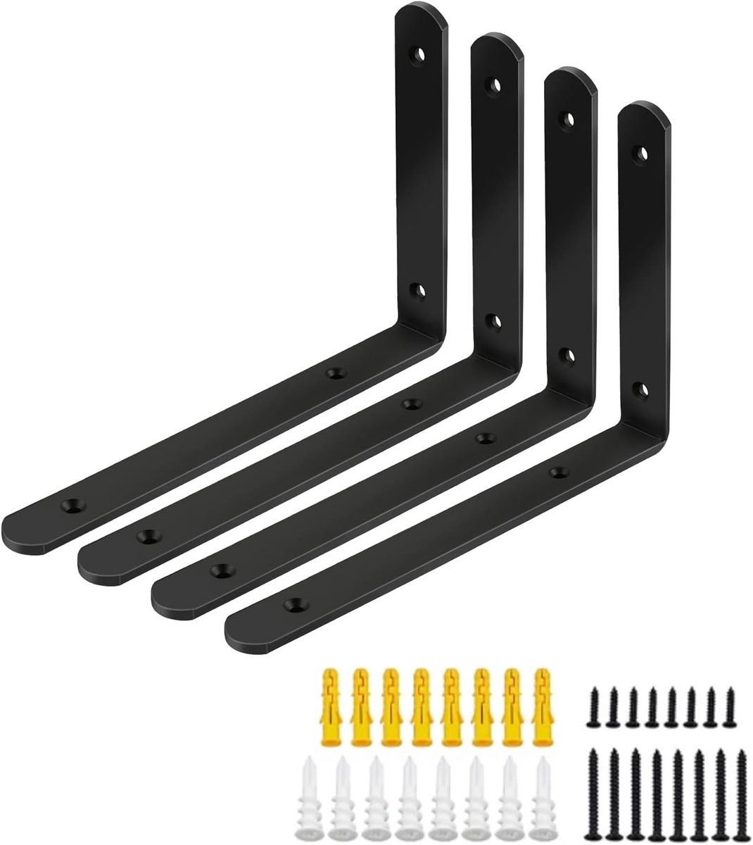 Set van 4 Zwarte Stevige Hoekbeugels voor Planken, Metalen L-vormige Planksteunen, 20.5×14.5×2.5cm voor Wandmontage en Ondersteuning van Hangende Voorwerpen