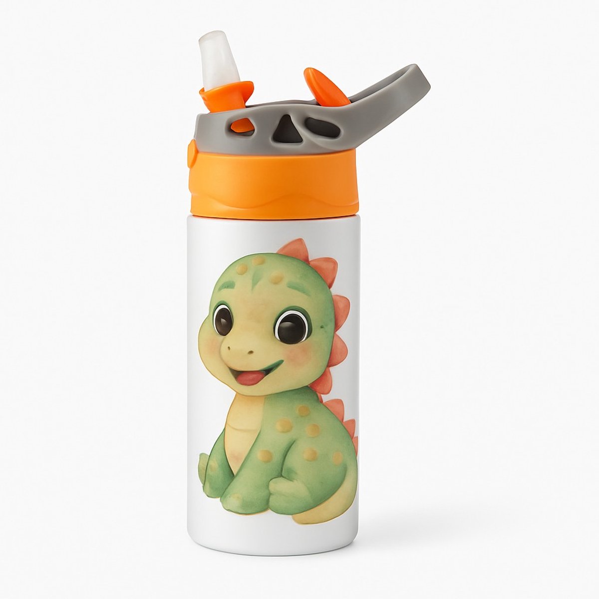 Zachte Aquarel Dino Cartoon Drinkfles – Schattige Drinkfles voor Kinderen en Dino Fans - Waterfles voor kinderen (wit/oranje)