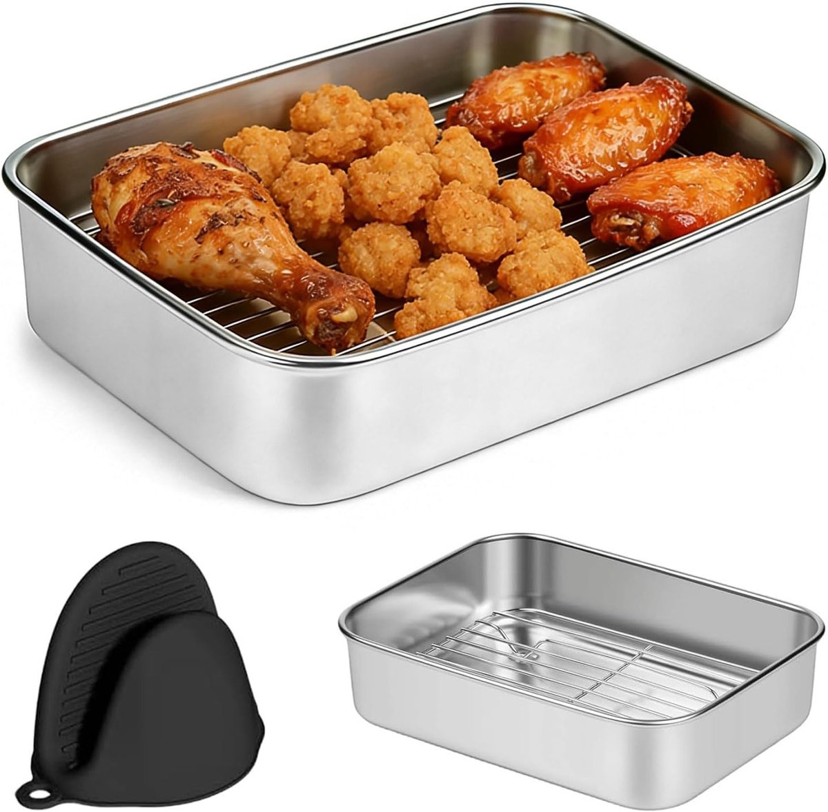 Luchtdichte Bakvorm van RVS 20 x 15.2 x 5 cm met Antiaanbaklaag, Afvoergat en Hittebestendige Handvatten voor Airfryer, Oven en Grill