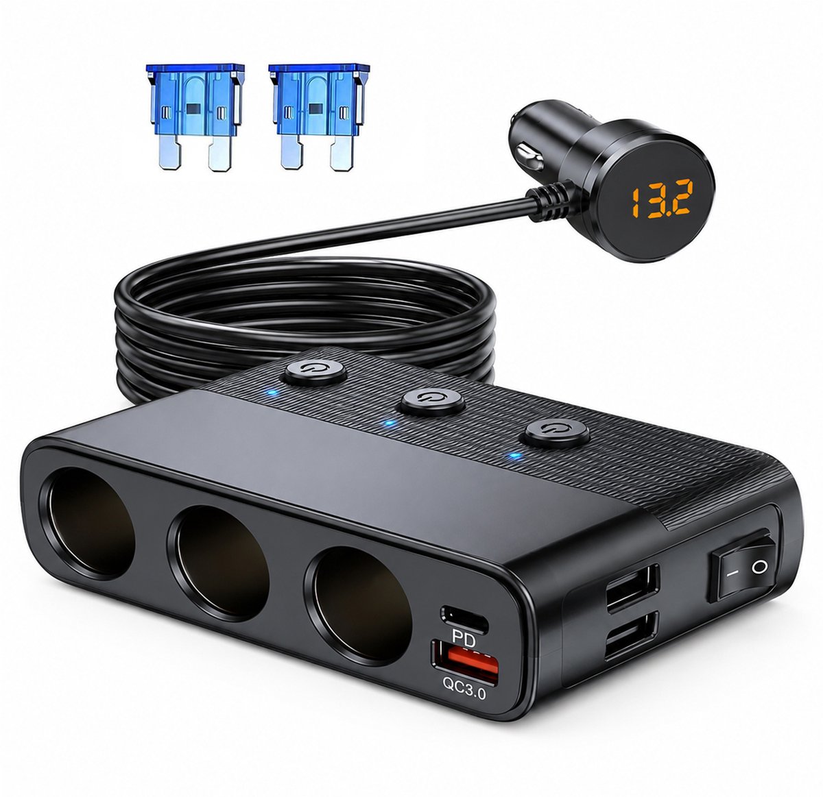 Auto sigarettenaansteker splitter – 12V-24V USB autolader adapter – Met Type-C aansluiting – Autolader met 7 poorten – 4 USB poorten (Type-C PD36W/QC3.0 snel opladen) – Omvormer / verdeler – Autolader – Autostekker – Auto accessoires