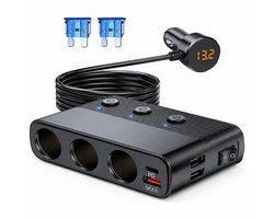 Auto Sigarettenaansteker Splitter met 3 Stopcontacten en 4 USB Poorten - 12V-24V Autolader met Type-C PD30W en QC3.0 - Onafhankelijke Schakelaars en Voltageweergave - Zwart