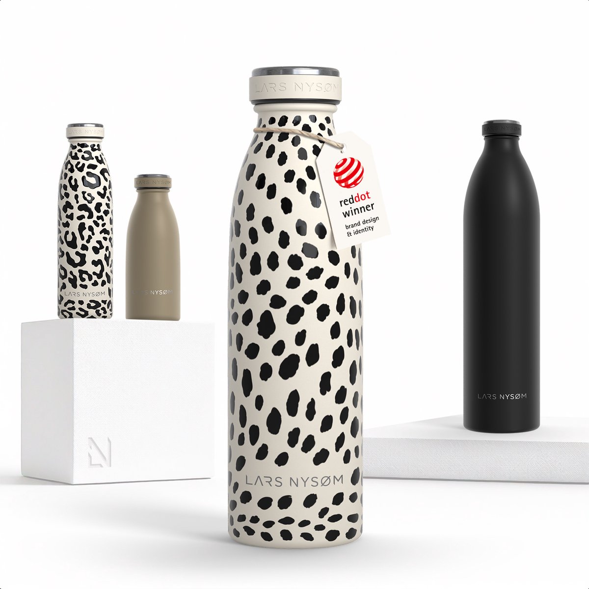 LARS NYSØM Ren Roestvrijstalen drinkfles 500ml - BPA-vrij geïsoleerde waterfles 0,5 Liter (Cream Beige/Abstract/Gloss Black)