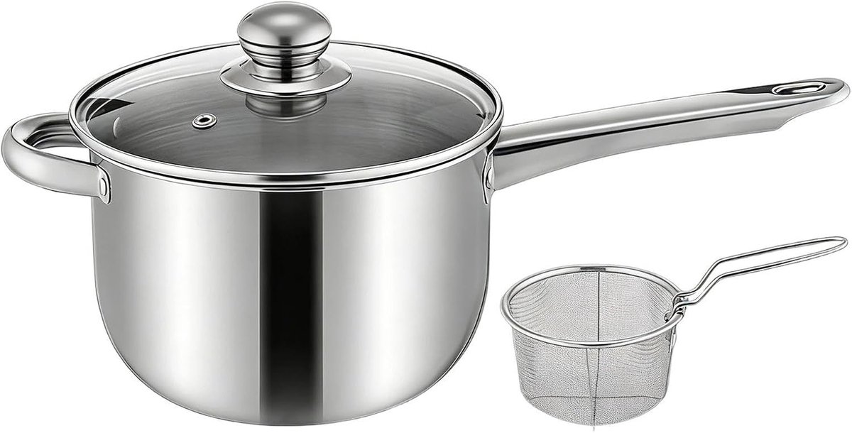 Friteuse met mand - Mini frituurpan - Thuis frituren - Gelijkmatige warmteverdeling - 18 cm pot - Zilver