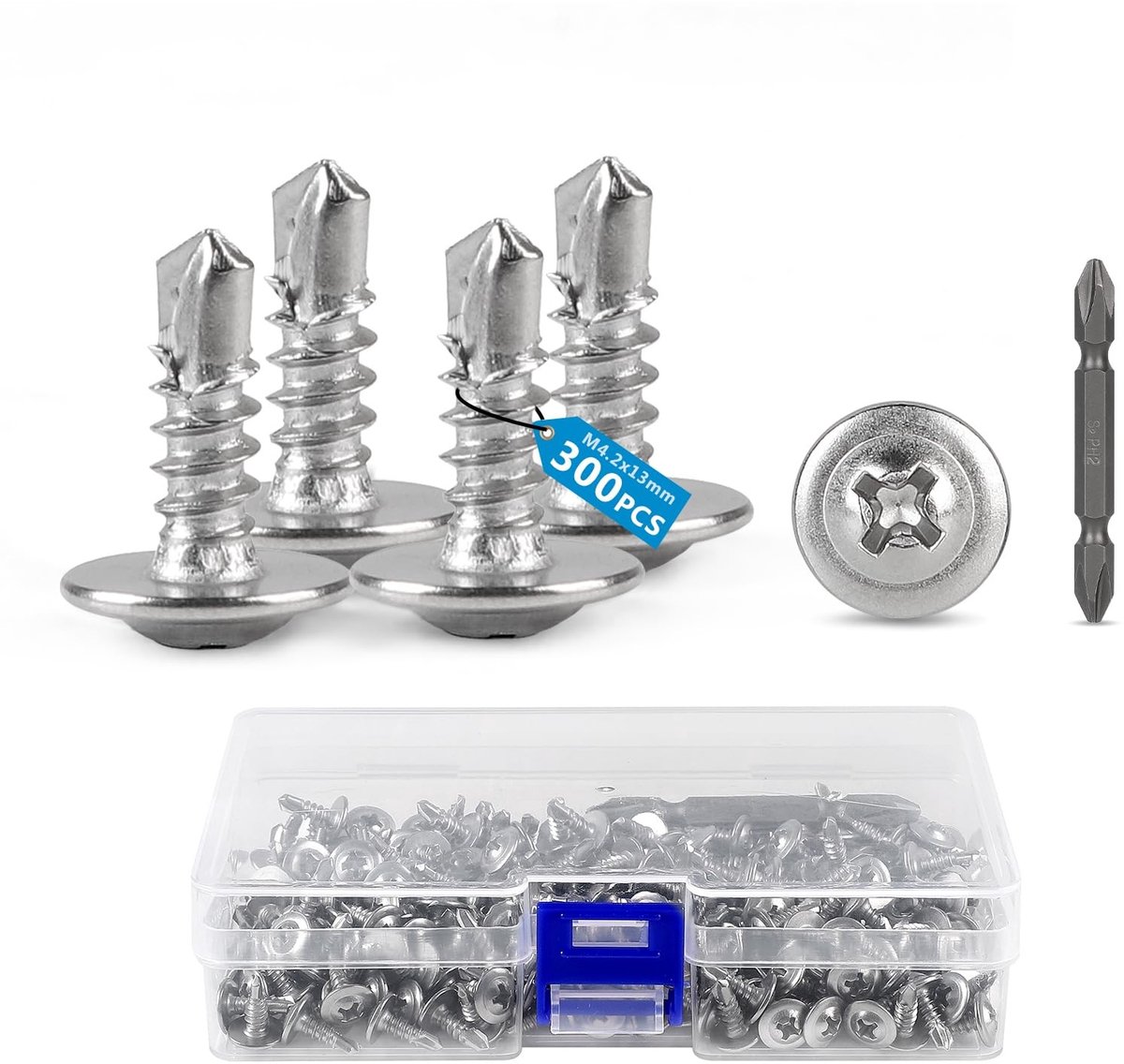 Dailygoods - 300 stuks M4,2 x 13 mm plaatschroeven, 410 roestvrij staal, platte kopschroeven, boorschroeven, verzonken kop met bits, Phillips ronde kop, boorschroeven, zilver hout, kunststof en