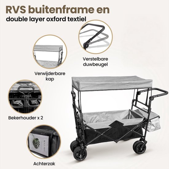 Dailygoods- Bolderkar met Dak - Opvouwbare Bolderkar - Transportwagen - Sterk Stalen Frame - Grote All-Terrain Wielen - Verstelbare Trekstang van Dailygoods — afbeelding 2