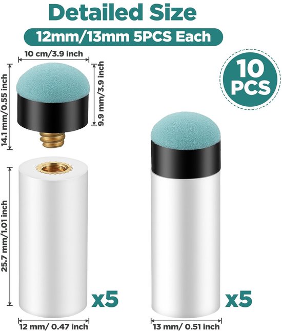 Dailygoods- Biljartkeu-punten Set van 10 - Vervangende Schroeftips - 12 mm/13 mm - Biljartkeu-accessoires - Hoogwaardig Leer - Blauw-Wit - Biljartkeu-tips van Dailygoods — afbeelding 2