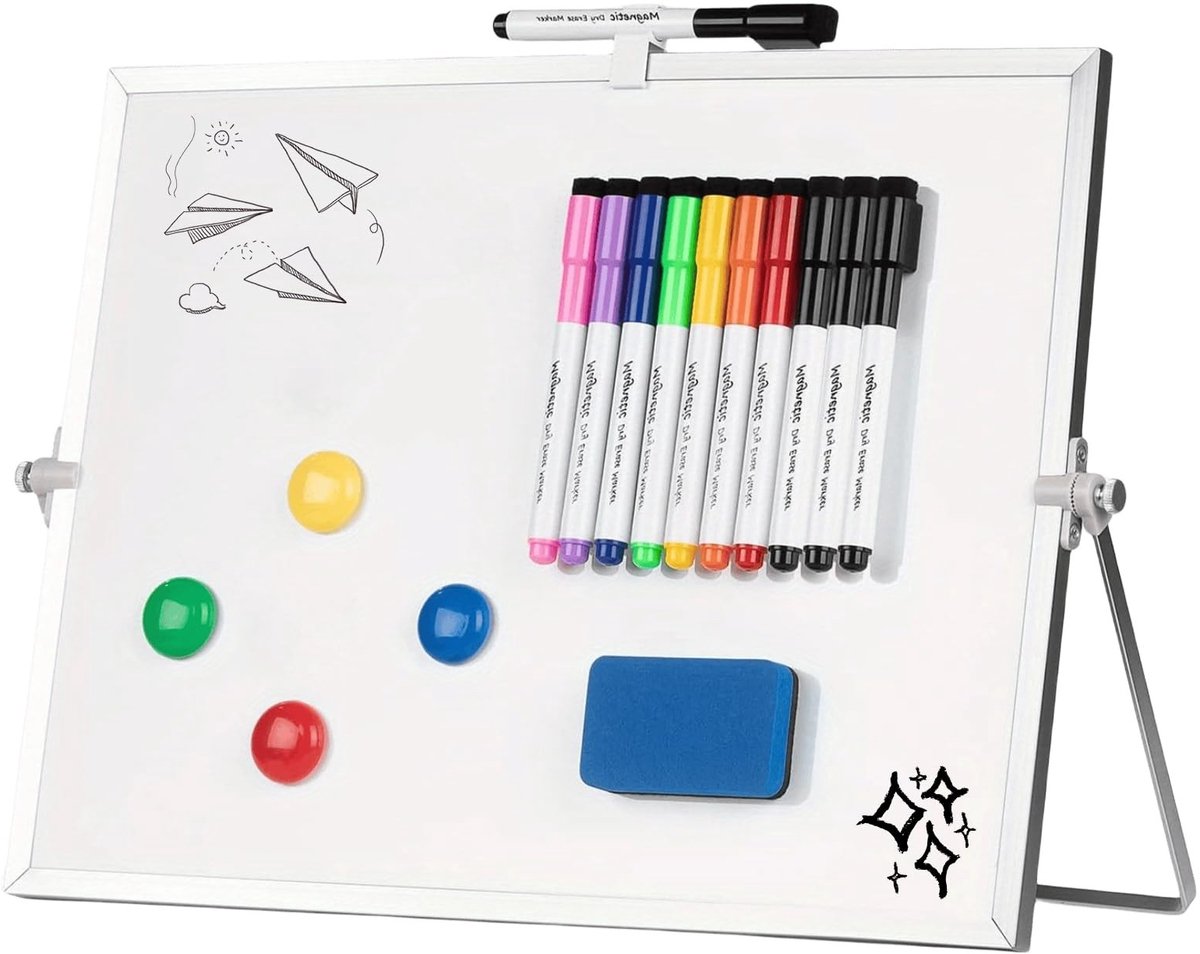 Dailygoods - Whiteboard magnetisch: 30 x 40 cm klein dubbelzijdig magneetbord met standaard, afveegbaar mini whiteboard met 10 pennen, 4 magneten, spons, draagbaar whiteboard voor thuis, school, kantoor