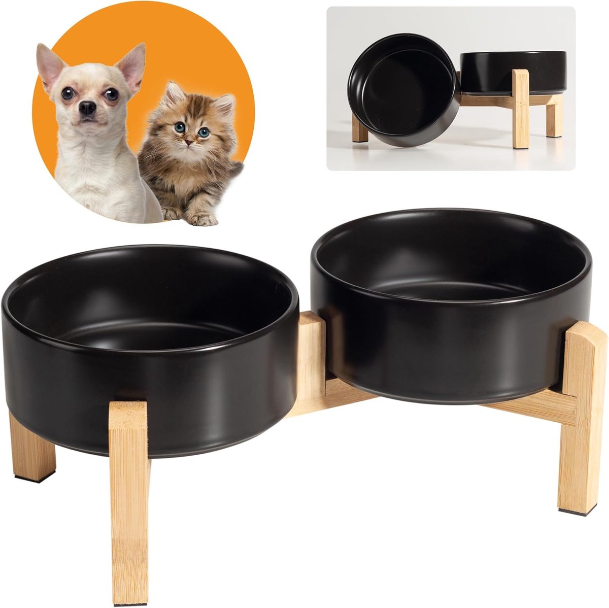 Honden voerbak - Kattenbak set - Gezond eten - Verhoogd bamboe onderstel - 2 x 480ml - Zwart