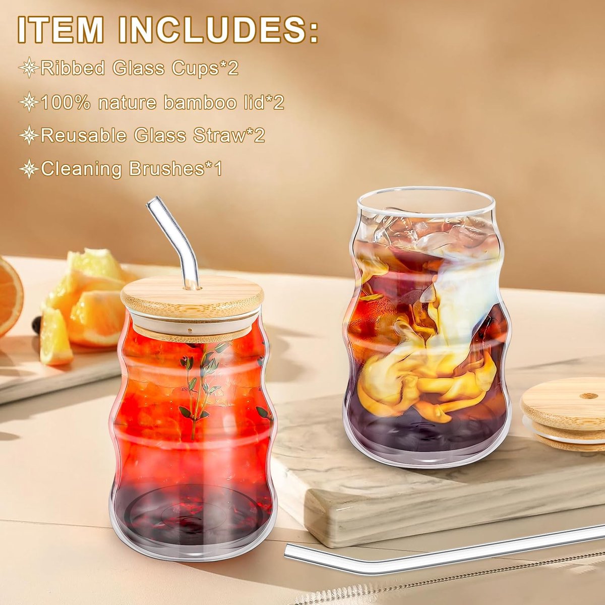 Dailygoods - Set van 2 IJskoffiebekers met Bamboe Deksel en Glazen Rietjes — cadeau in Koken & Dineren - foto 3