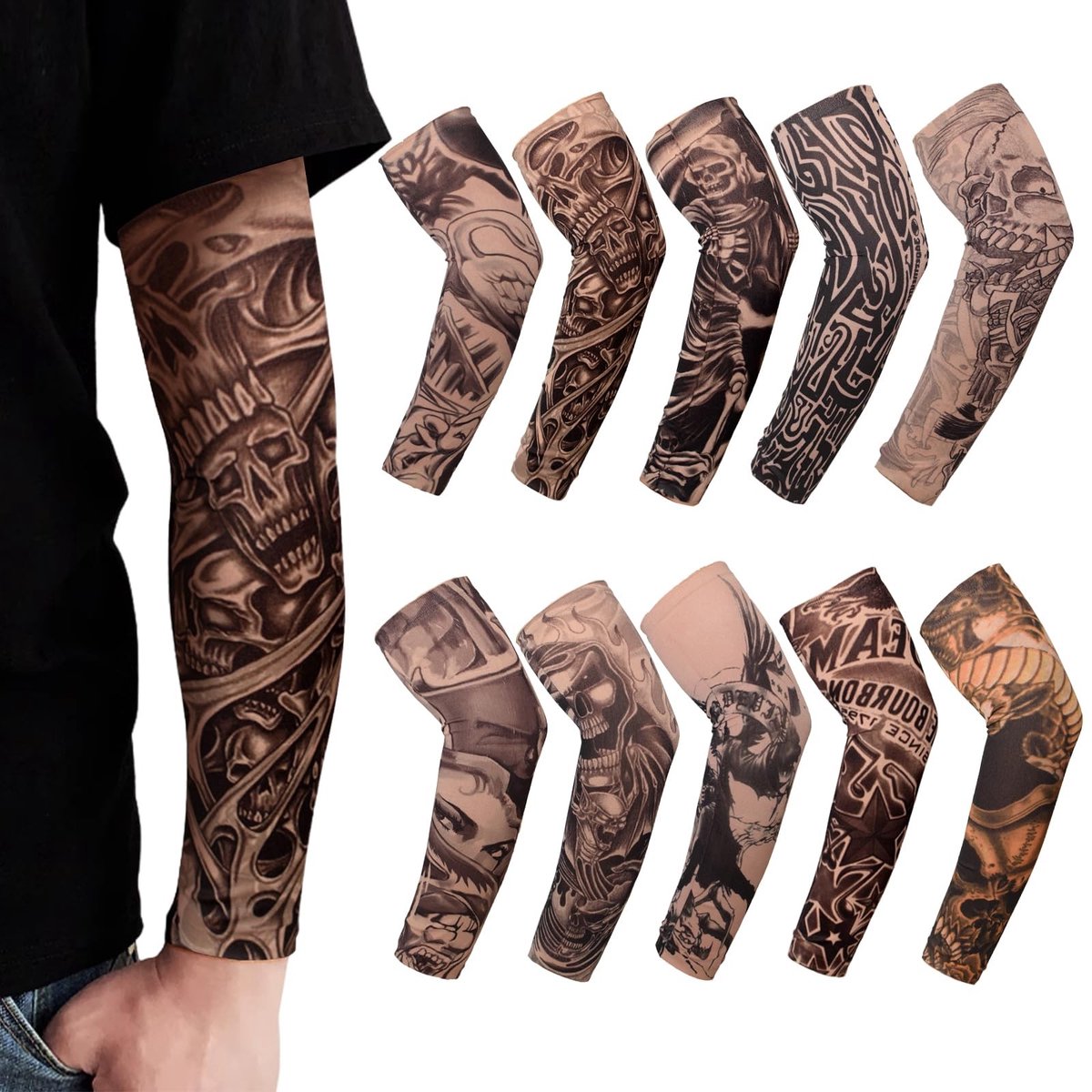 Dailygoods- Tattoo-Mouwen Set van 10 Stuks - Nep Tatoeage - Armkousen - Zacht Polyester - Ademend - 40 cm Lengte - Armwarmers