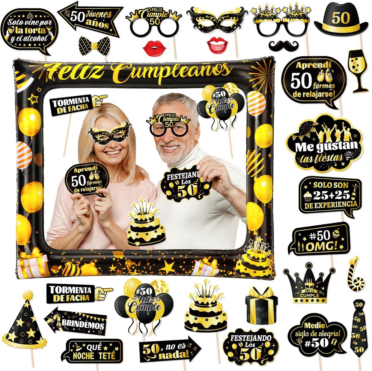 Dailygoods- Fotobooth Rekwisieten 28-delig - Zwart/Goud - Opblaasbare 'Happy Birthday' - Feest Decoratie - 50e Verjaardag - Decoratieve Uitsparing - Feestdecoratie