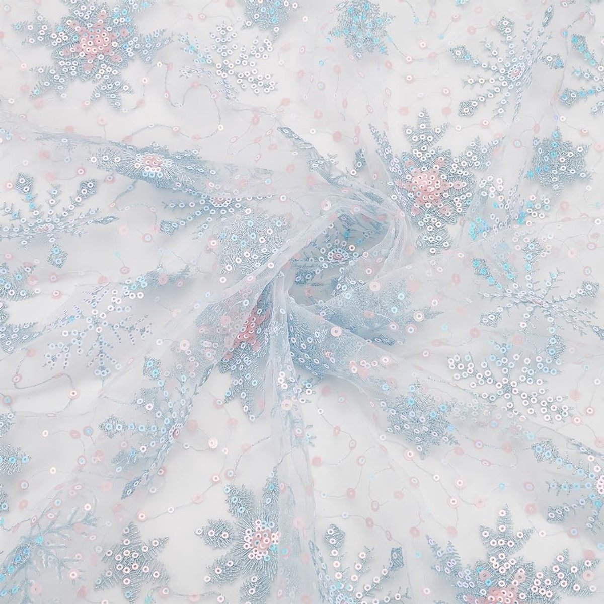 Dailygoods- Organza Stof 156Cm Lichtblauw - Sneeuwvlok Pailletten - Geborduurd Mesh - Kant Voor Kledingstuk - Sluiers/Jurk - Gordijn Thuis Kerstversiering - Tule
