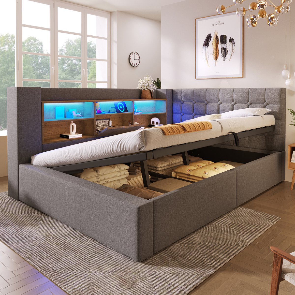 MEUNIQ gestoffeerd bed 140x200 cm met LED-verlichting, hydraulische opbergruimte, L-vormig hoofdbord met vakken, USB en lattenbodem voor slaapkamer, grijs