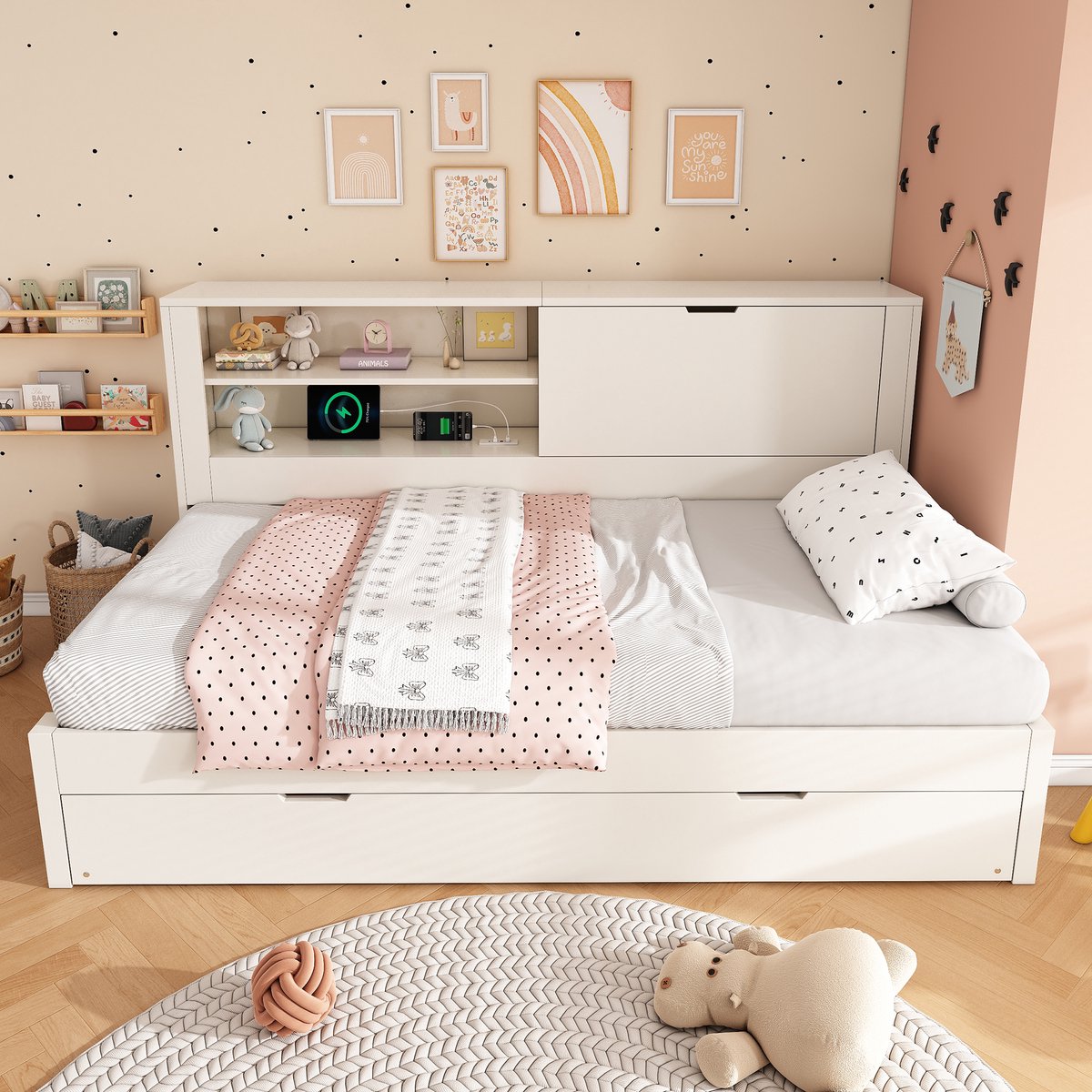 MEUNIQ bedbank 90x190 cm met uitschuifbed 90x190, opbergwand met open vak en klep, USB en USB-C laadstation, lattenbodem, wit, zonder matras