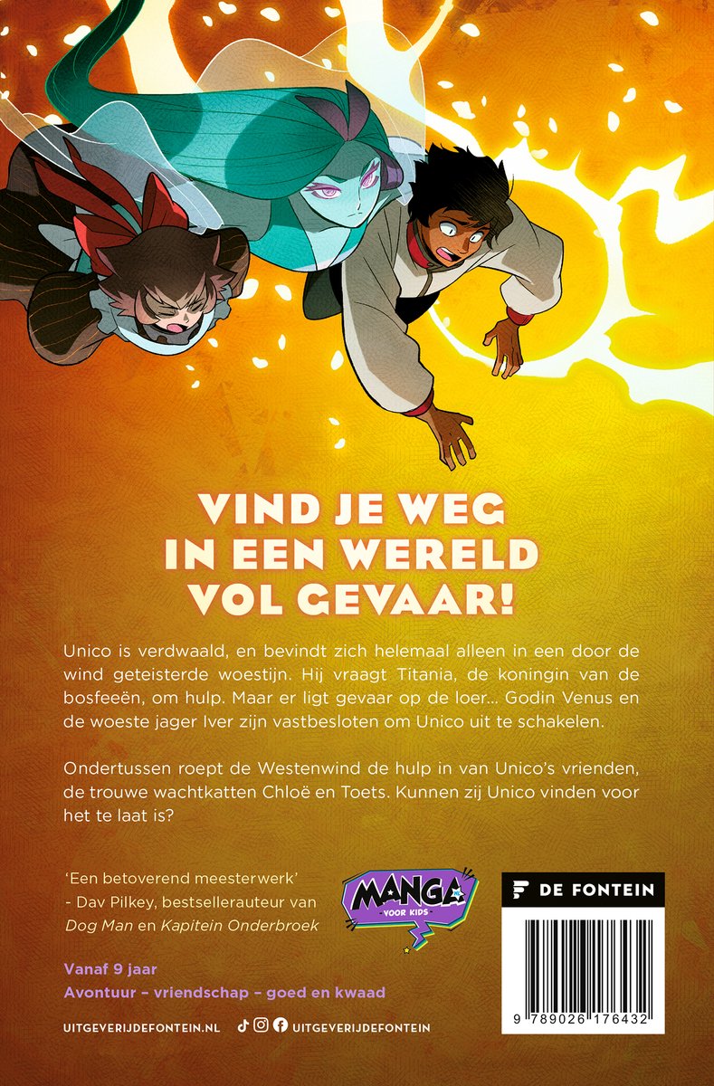 De achterkant van Unico Verdwaald met een jongen, een kattenmeisje en een geestenfiguur op een gele achtergrond.