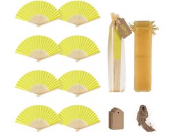 Dailygoods - SWAWIS 28 stuks gele papieren waaiers, opvouwbare waaiers, 30 organzazakjes en bedankkaarten, bruiloftswaaiers voor doop, feestdecoratie, doe-het-zelf