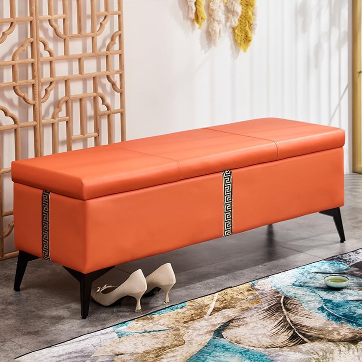 Bankkruk met Opbergruimte - Voetenbank Zitje - Ruimte Besparen - Veiligheidsdeksel - 100 cm Lengte - Oranje