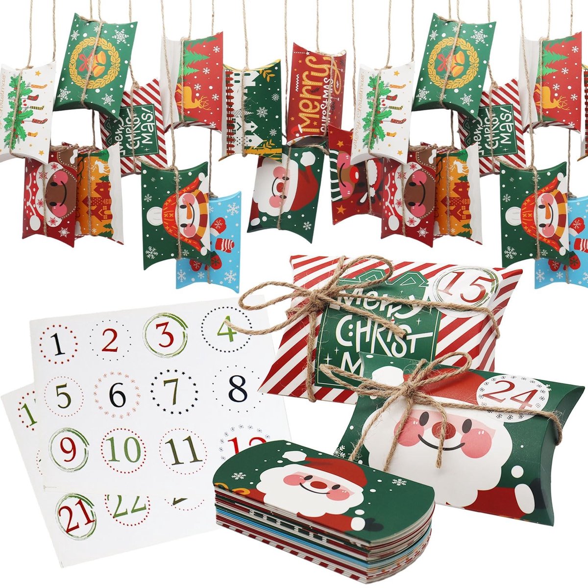 Dailygoods- Adventskalender 2025 - 24 Dozen om te Vullen - Jute Koord - Cijferstickers 1-24 - Kerstdecoratie - Diverse Patronen - Kerstgeschenkdozen