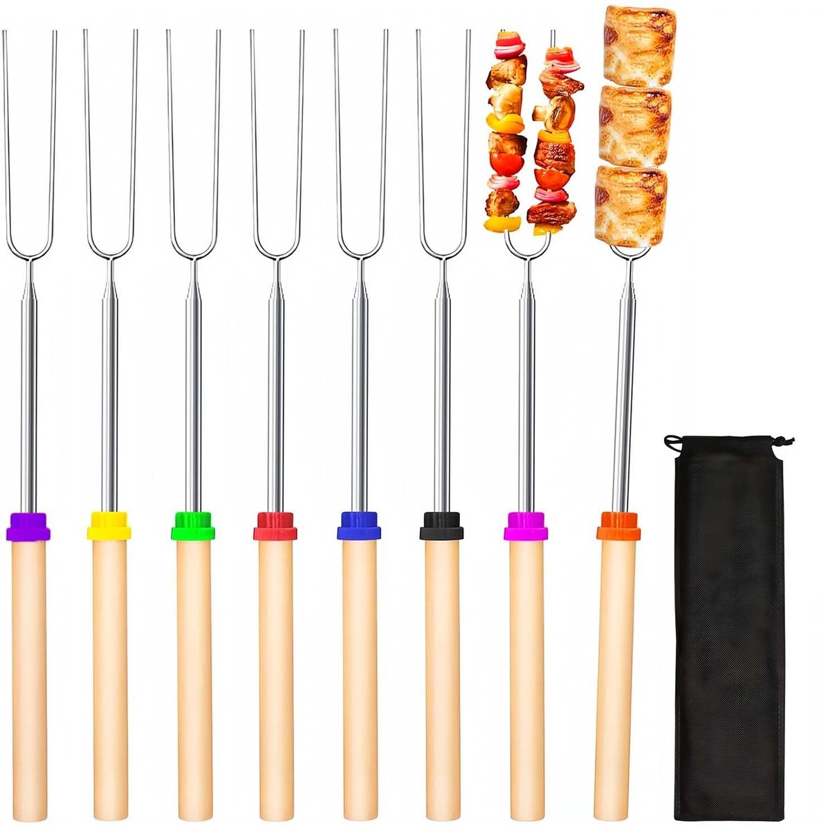 Dailygoods - Set van 8 telescopische grillspiesen, uittrekbaar 31-81 cm, roestvrij stalen kampvuurspiesen, grillvork, roestvrij staal, uittrekbaar, voor camping, barbecue, barbecue, outdoor