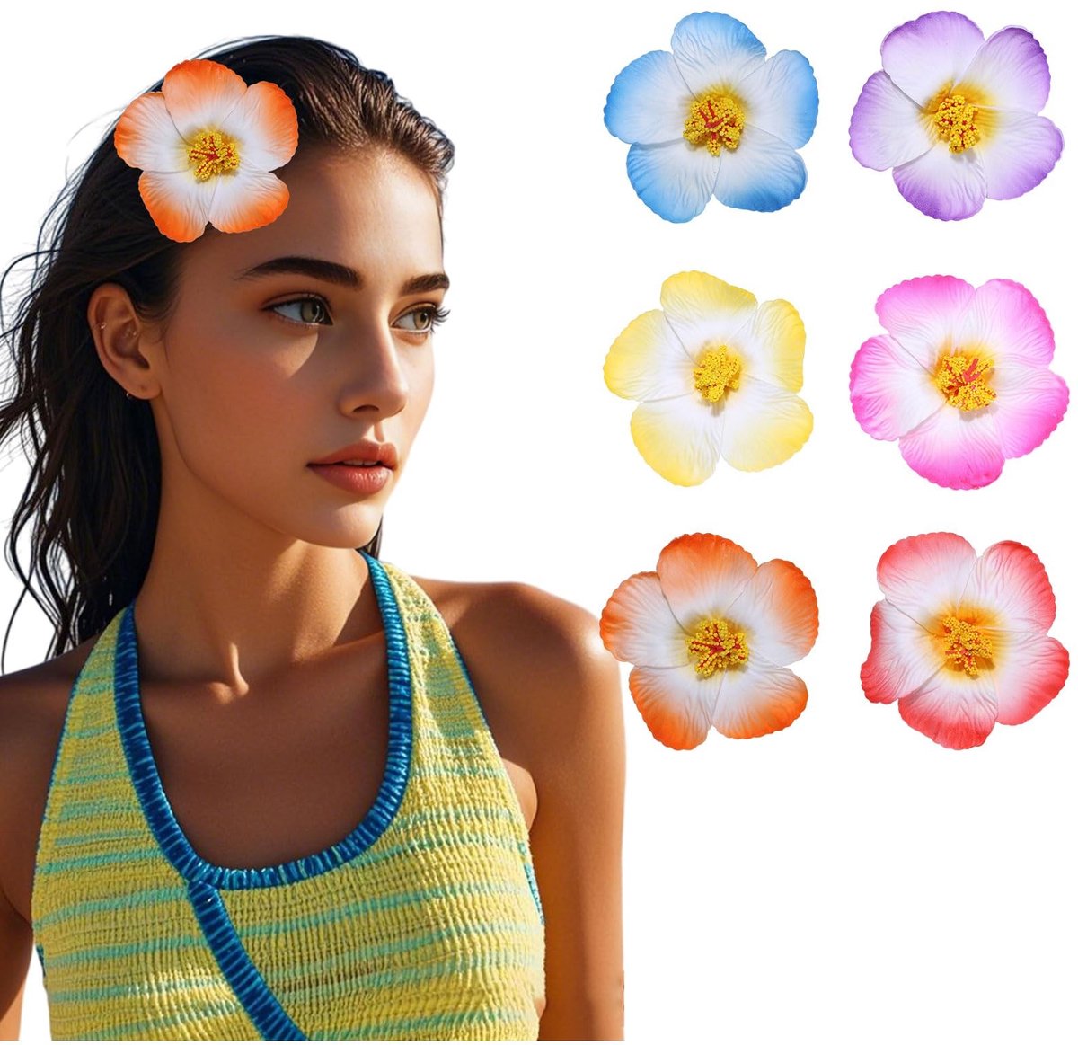 Dailygoods - Hawaïaanse bloemenhaarspelden, 6 stuks, 9-10 cm, hibiscus plumeria haarspelden voor zomer, strand, tropische haaraccessoires