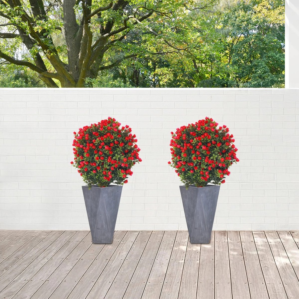 Dailygoods 2 stuks buxus topiary boom rode bloemstok, 69 cm kunststof groen, kunstbomen, kunstplanten buiten, tuinpot de