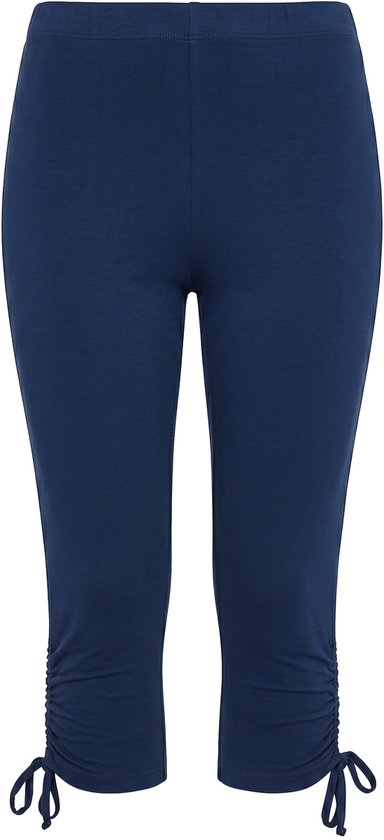 Donkerblauwe caprilegging met strikjes aan de zoom, voorkant.