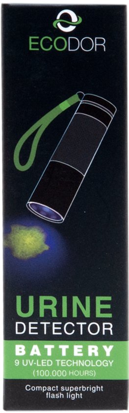 Verpakking van de Ecodor EcoLight urine detector met een illustratie van de lamp die urinevlekken op de vloer oplicht.
