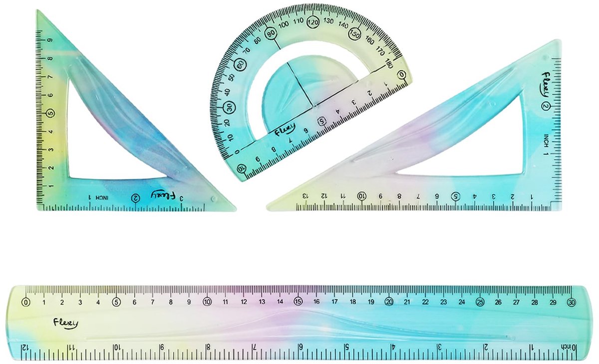 Dailygoods - Flexibele liniaalset, geometrieset, 4 stuks, kleurrijke flexibele liniaal met geodriehoek, ideaal tekengereedschap voor scholieren, leraren, ingenieurs en tekenaars (30 cm)