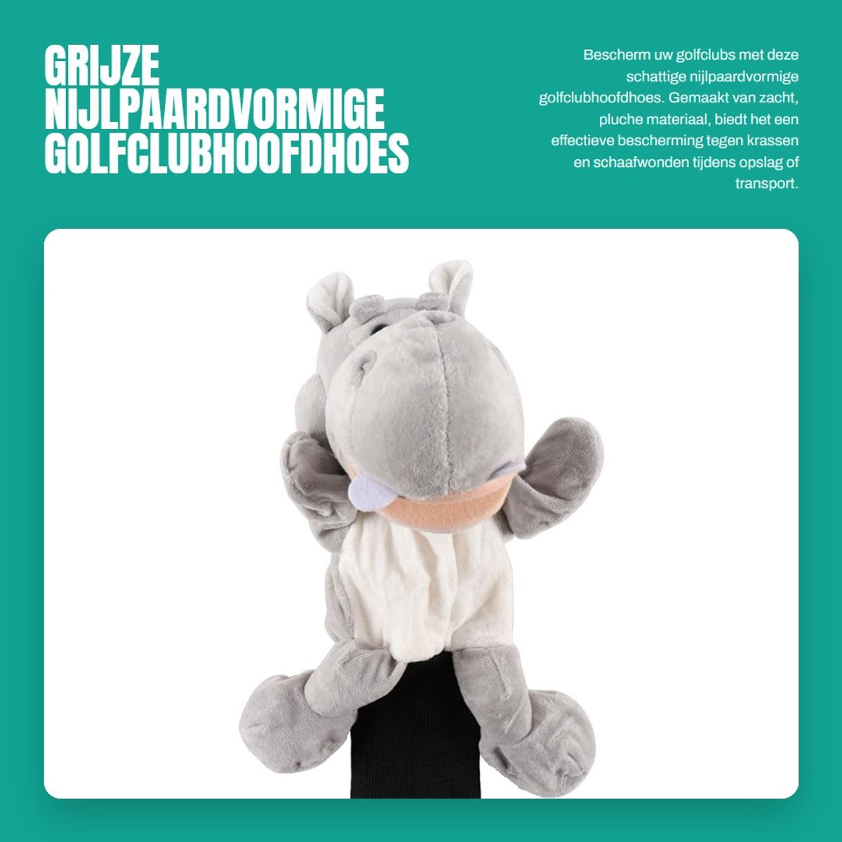 Dailygoods- Golfclubhoofdhoes Grijze Nijlpaardvorm - Beschermende Accessoire - Zacht Pluche Materiaal - Universele Geschiktheid - Gebreide Hals - Schattig Ontwerp - Driverhoes