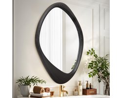 Dailygoods - AAZZKANG Zwarte Spiegel met Houten Frame Grote Onregelmatige Wandmontage Spiegels Asymmetrisch Decoratief voor Badkamer Slaapkamer Woonkamer Entryway 70x50cm
